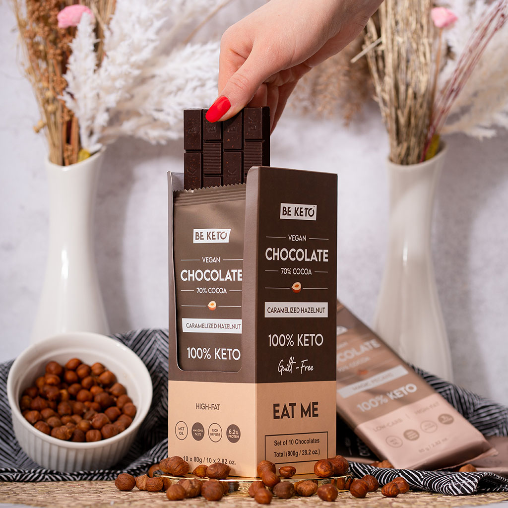 Chocolat Végétalien Keto + Huile MCT – Noisettes Caramélisées 80g – Image 4
